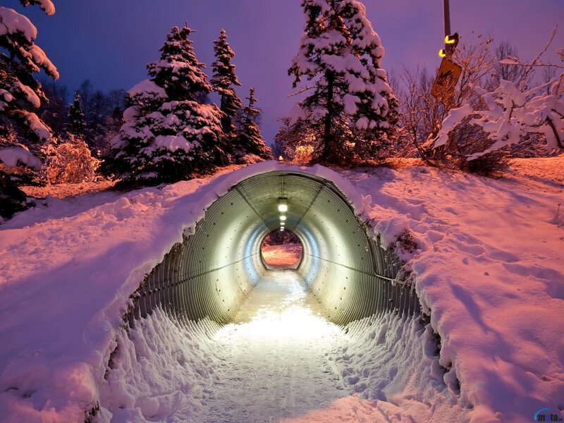 Snow-covered Tunnel — White, Serene, Night, Photograph