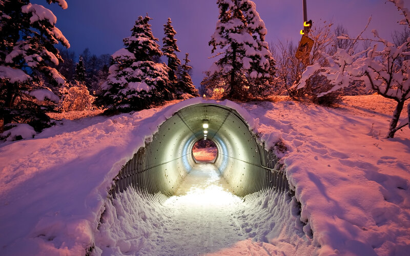 Snow-covered Tunnel — White, Serene, Night
