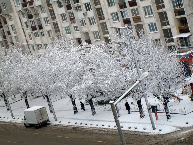 Snow-covered urban street scene