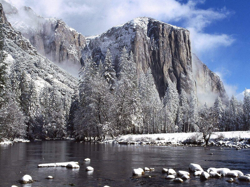 Snow-covered Valley — Blue, Serene, Winter, Photograph, Mountain, River, Trees, Snow
