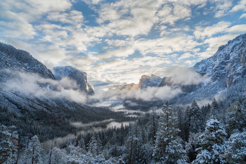 Snow-covered Valley — Blue, Serene, Winter, Photograph, Mountains, Trees, Fog