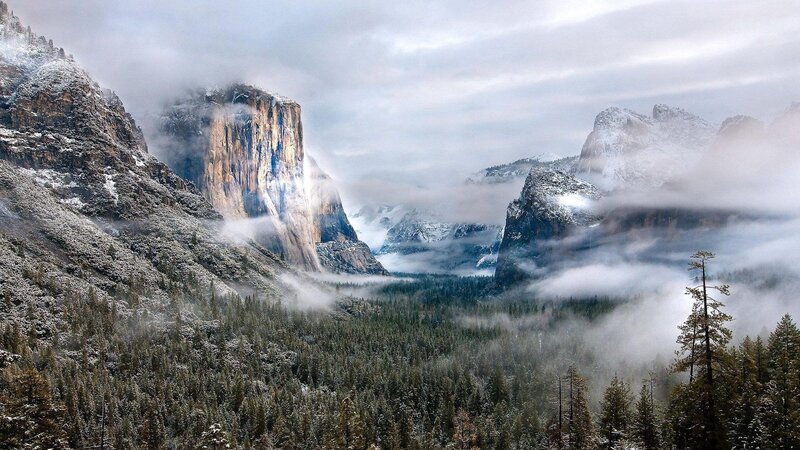 Snow-covered Valley — Gray, Misty, Winter, Photograph
