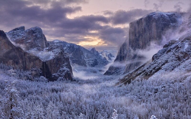 Snow-covered Valley — Purple, Dramatic, Winter, Photograph, Mountains, Forest, Clouds