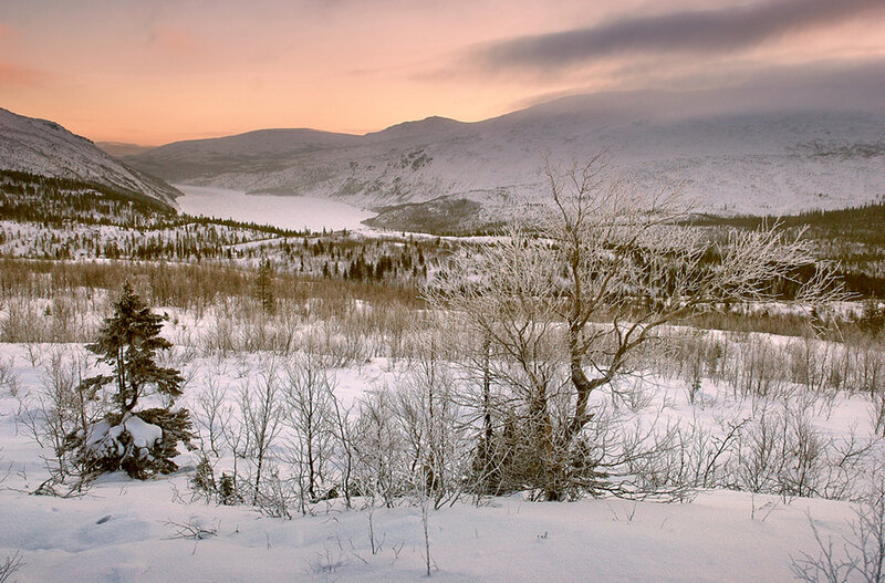 Snow-covered Valley — White, Serene, Sunset, Photograph