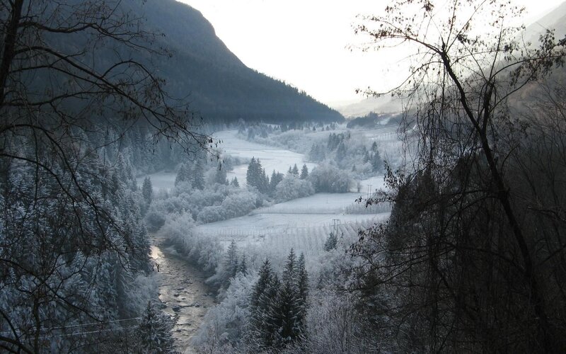 Snow-covered Valley — White, Serene, Winter, Photograph, River, Trees, Mountain