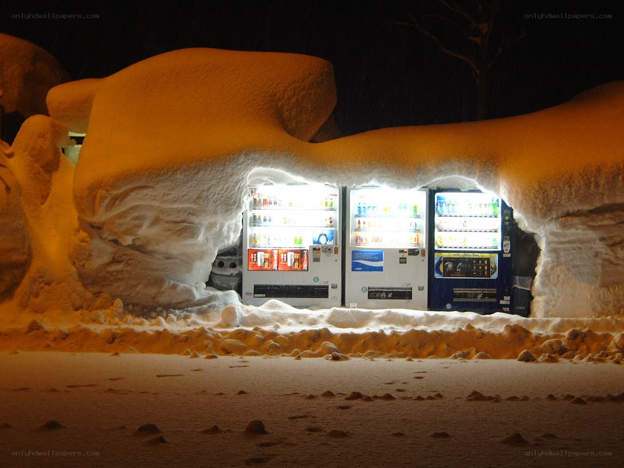 snow-covered vending machines at night
