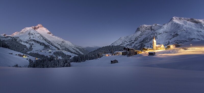 Snow-covered Village at Dusk — Blue, Serene, Night