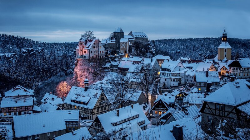 Snow-covered Village at Dusk — Blue, Serene