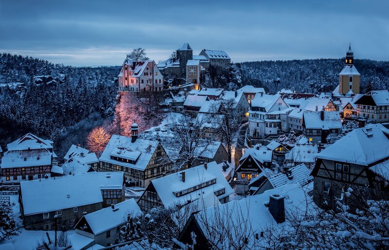 Snow-covered Village at Dusk — Blue, Serene, Winter, Photograph, Castle