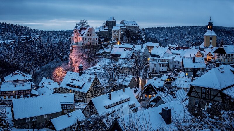 Snow-covered Village at Dusk — Blue, Serene, Winter, Photograph