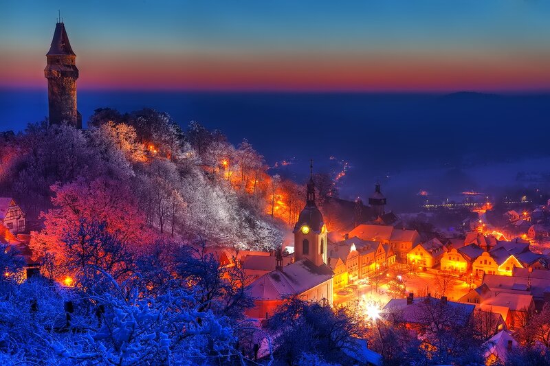 Snow-covered Village at Dusk — Blue, Serene, Winter