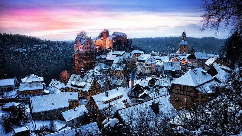 Snow-covered Village at Dusk — Blue