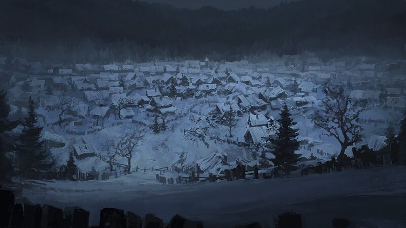 snow-covered village at night
