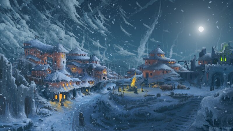 Snow-covered Village at Night — Blue, Cold