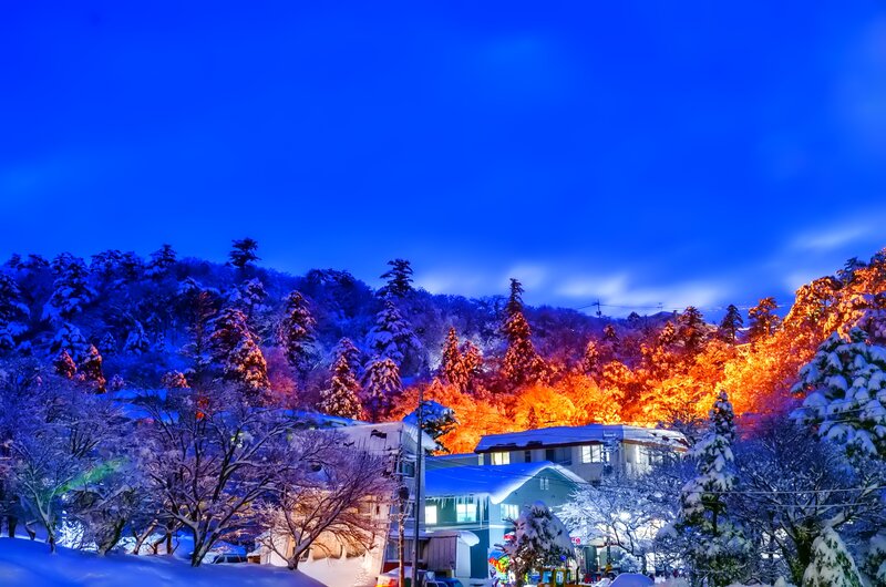Snow-covered Village at Night — Blue, Dramatic