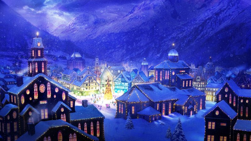 Snow-covered Village at Night — Blue, Festive, Digital Art, Buildings