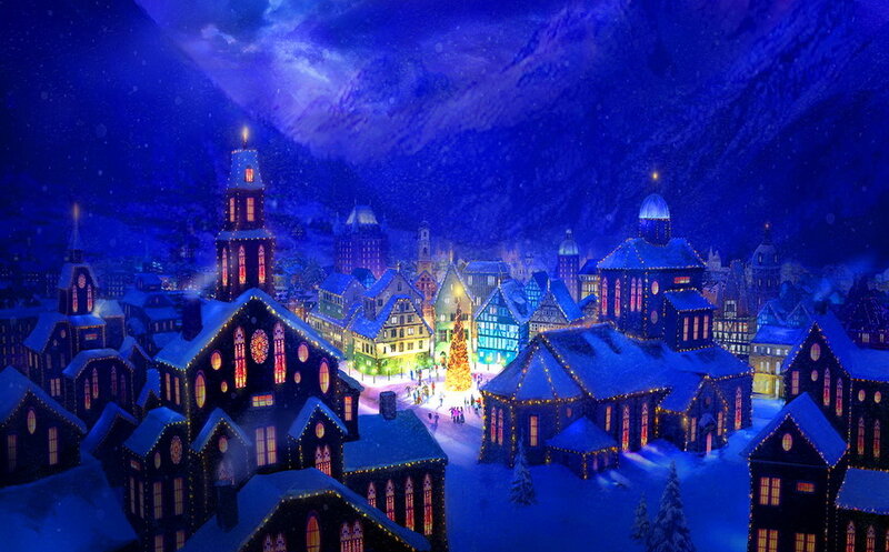 Snow-covered Village at Night — Blue, Festive