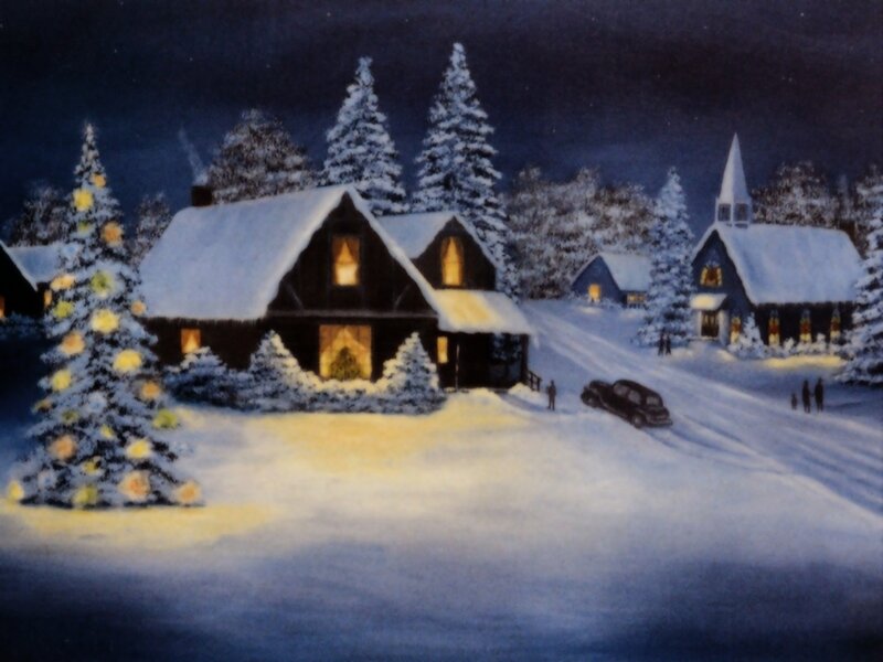 Snow-covered Village at Night — Blue, Peaceful, Painting