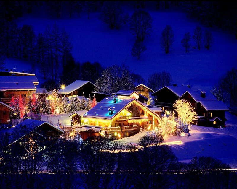 Snow-covered Village at Night — Blue, Peaceful, Photograph