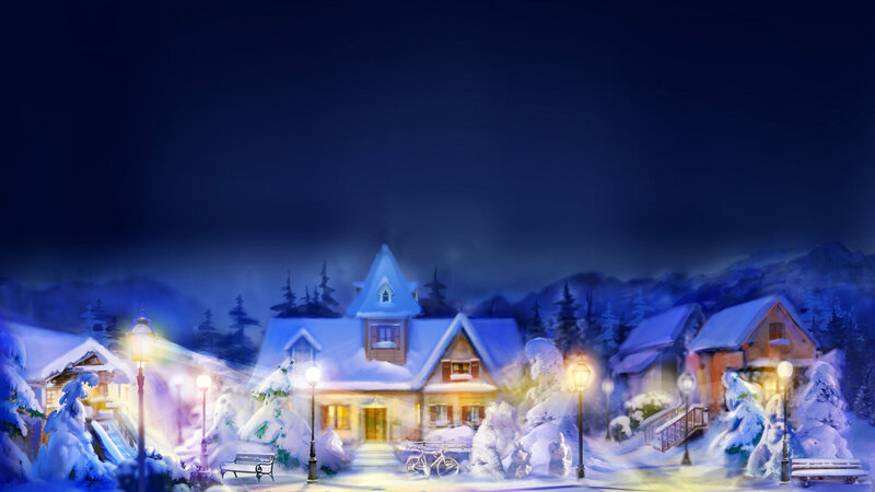 Snow-covered Village at Night — Blue, Peaceful