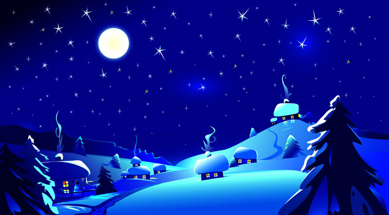 Snow-covered Village at Night — Blue, Serene, Digital Art, Moon, Stars