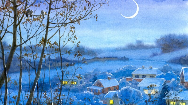 Snow-covered Village at Night — Blue, Serene, Painting, Crescent Moon