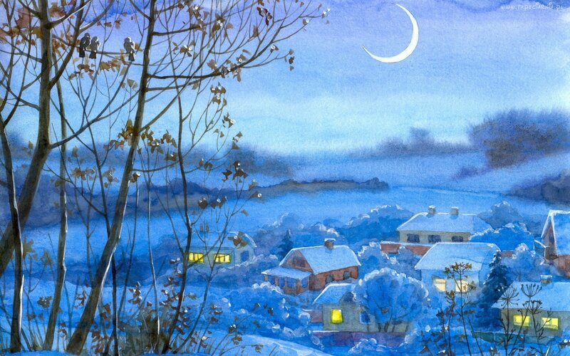 Snow-covered Village at Night — Blue, Serene, Painting, Crescent Moon, Trees