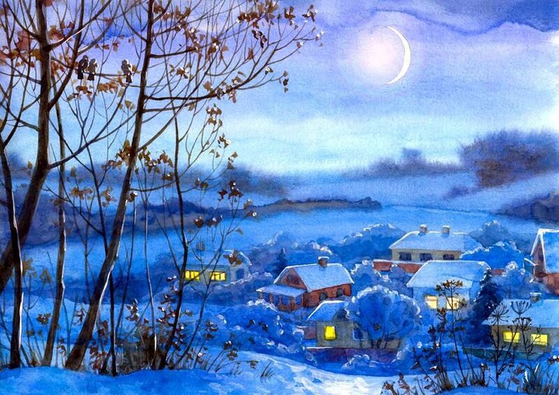 Snow-covered Village at Night — Blue, Serene, Painting, Moon