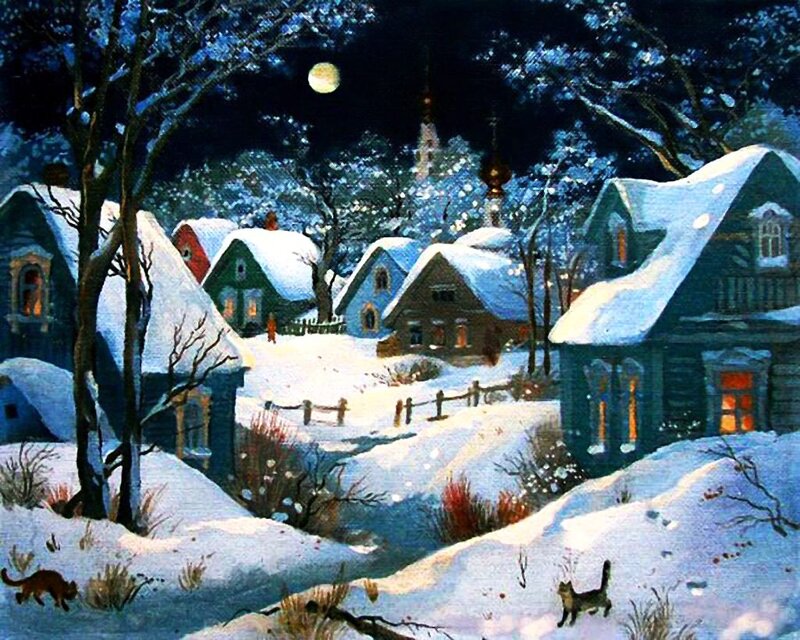 Snow-covered Village at Night — Blue, Serene, Painting, Moon, Trees, Cats