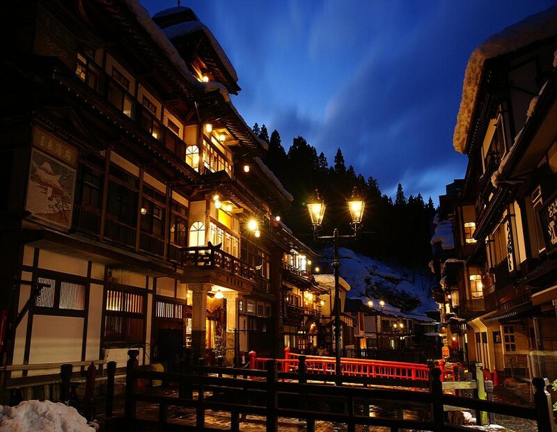 Snow-covered Village at Night — Blue, Serene, Photograph, Buildings