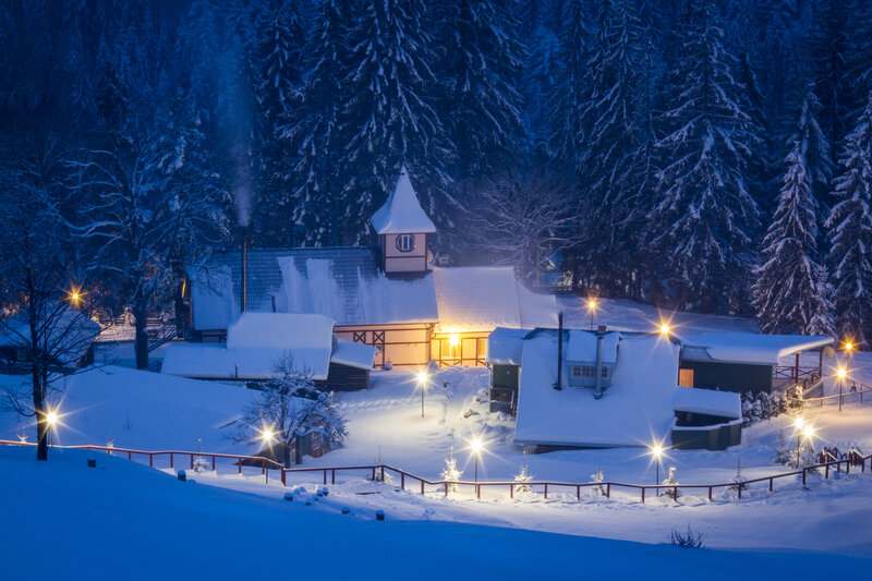 Snow-covered Village at Night — Blue, Serene, Photograph, Buildings, Trees