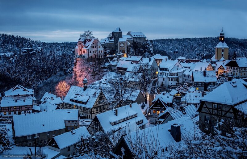 Snow-covered Village at Night — Blue, Serene, Photograph, Castle