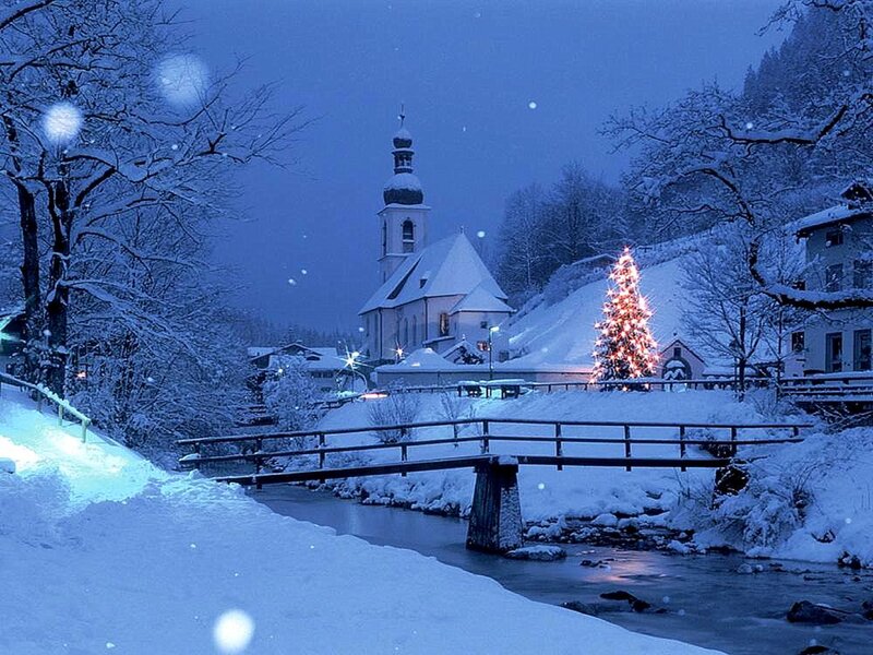 Snow-covered Village at Night — Blue, Serene, Photograph, Church