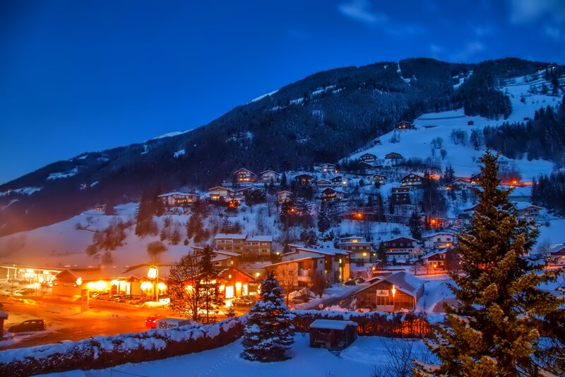 Snow-covered Village at Night — Blue, Serene, Photograph, Mountain