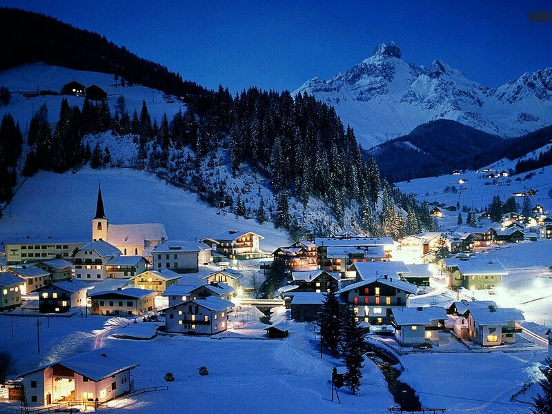 Snow-covered Village at Night — Blue, Serene, Photograph, Mountains