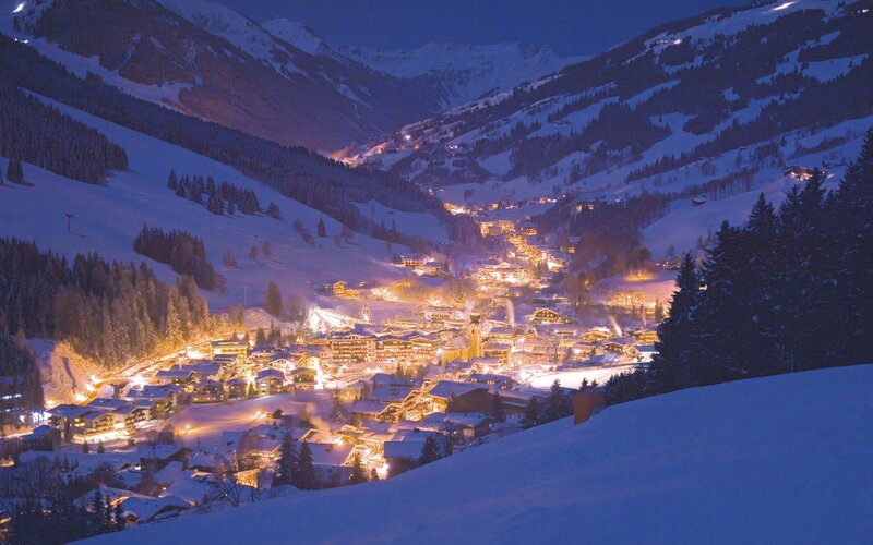 Snow-covered Village at Night — Blue, Serene, Photograph, Mountains, Trees, Lights