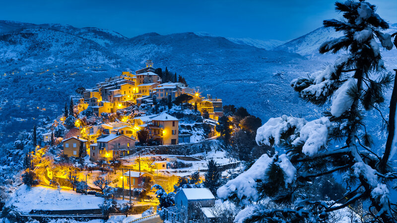 Snow-covered Village at Night — Blue, Serene, Photograph, Mountains, Trees