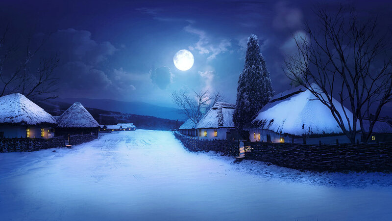 Snow-covered Village at Night — Blue