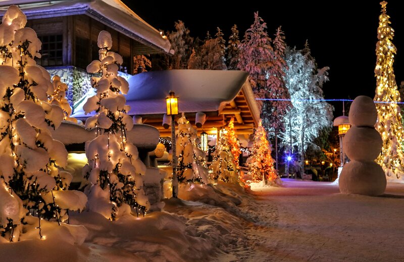 Snow-covered Village at Night — White, Festive