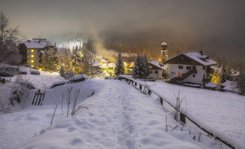 Snow-covered Village at Night — White, Serene, Photograph, Buildings