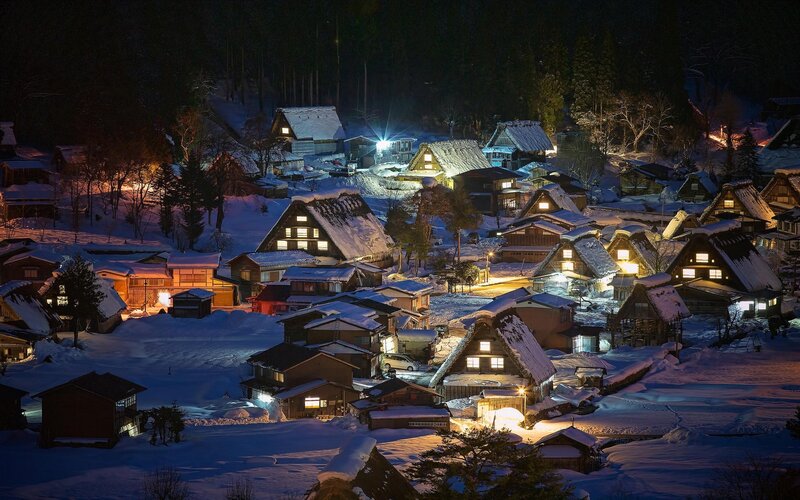 Snow-covered Village at Night — White, Serene, Photograph, Houses, Snow, Trees