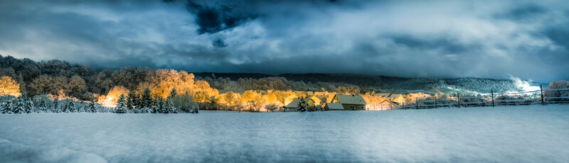 Snow-covered Village at Night — White, Serene, Photograph, Houses, Trees, Fences