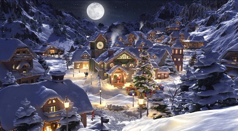 Snow-covered Village at Night — White, Serene