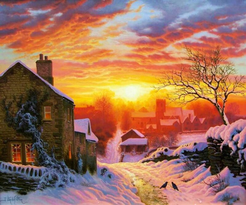 Snow-covered Village at Sunset — Orange, Dramatic, Painting