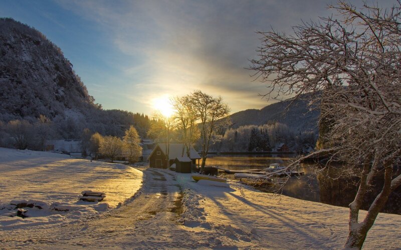 Snow-covered Village at Sunset — White