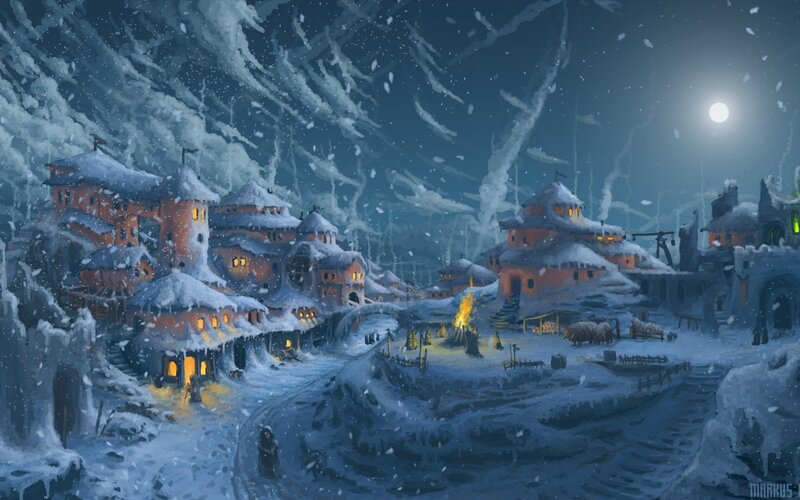 Snow-covered Village — Blue, Cold, Night