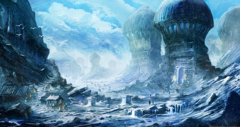 Snow-covered Village — Blue, Cold, Winter, Digital Art