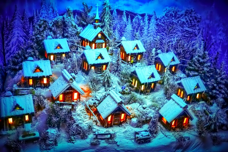 Snow-covered Village — Blue, Cozy