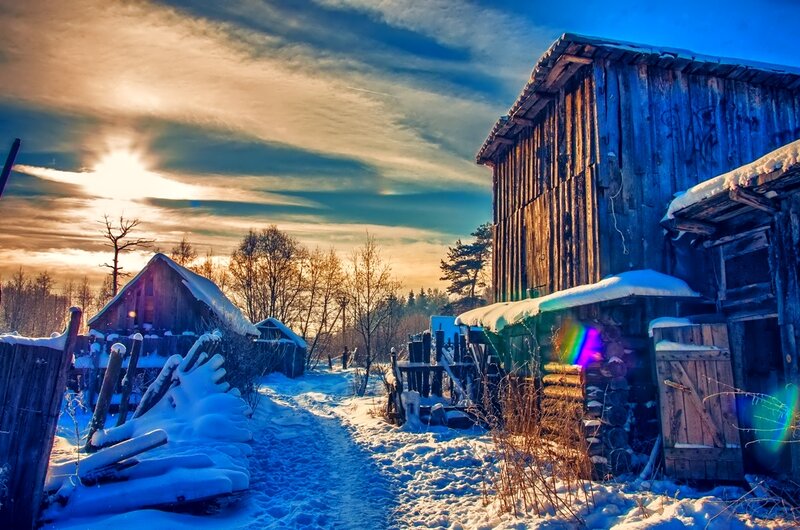 Snow-covered Village — Blue, Dramatic, Winter, Photograph, Barns