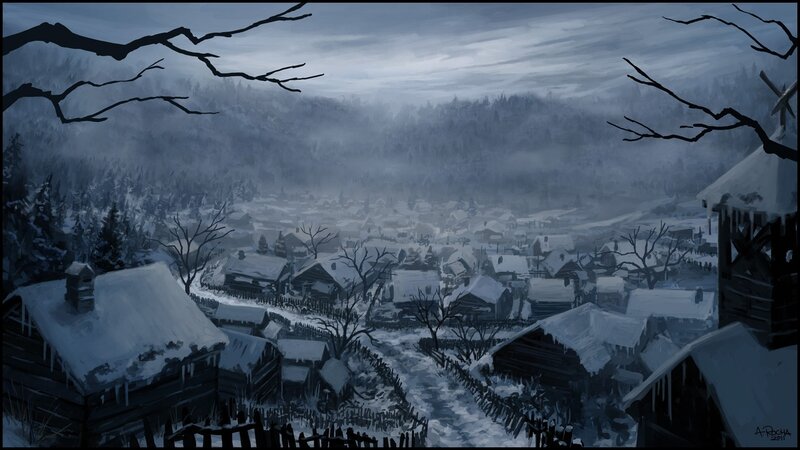 Snow-covered Village — Blue, Dreary